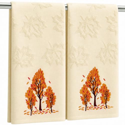 Fall Hand Towels 2 Pack - Beige Maple Leaves Jacquard, Soft Cotton, 29.5 x 13.8 Inches