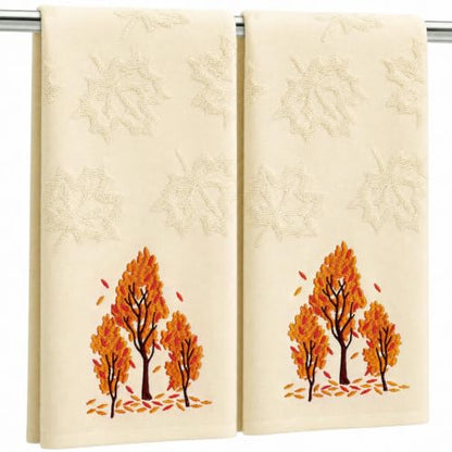 Fall Hand Towels 2 Pack - Beige Maple Leaves Jacquard, Soft Cotton, 29.5 x 13.8 Inches
