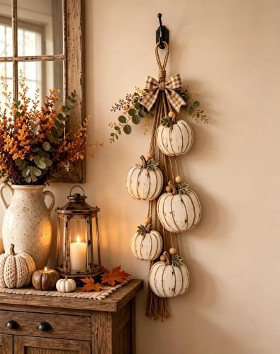 Rustic White Pumpkin Swag with LED Lights & Plaid Bow - Classic Variation