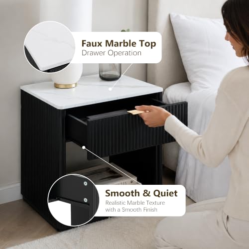 23.1-Inch Wide Fluted Nightstand with Drawer & Open Shelf, Black Finish
