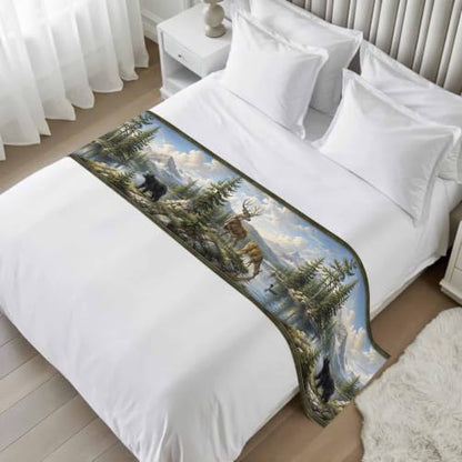 Green Forest Deer Bed Runner for King Bed 94x20 Satin Decor