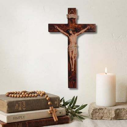 Brown Catholic Wall Cross - 2D Flat Jesus Cross for Home Decor