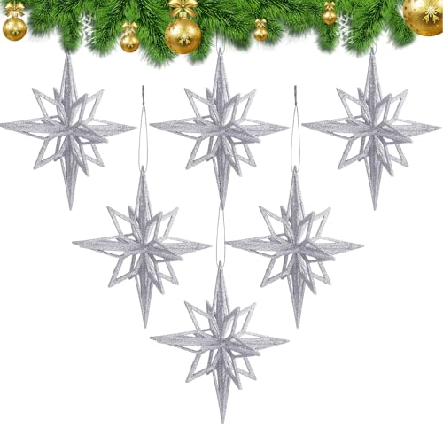 Silver Christmas Bethlehem Star Ornaments - 6 Pack, 7.5 Inches, Holiday Decor