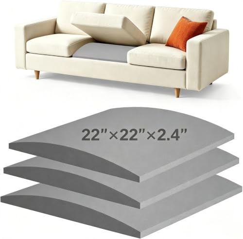 Gray Couch Cushion Support 22x22x2.4 Inch - 3 Pack Curved Foam Inserts