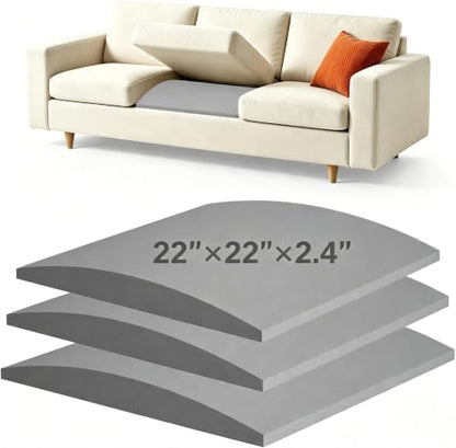 Gray Couch Cushion Support 22x22x2.4 Inch - 3 Pack Curved Foam Inserts
