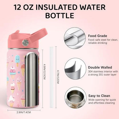 Ice Cream Pattern Water Bottle 12 oz Insulated Tumbler with Handle & Straw - Kid Friendly