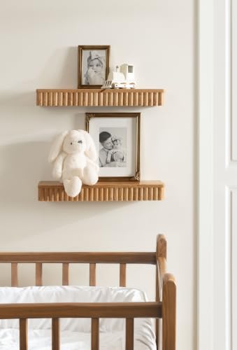 Natural Mango Wood Floating Shelves Set - Modern Ribbed Wall Decor