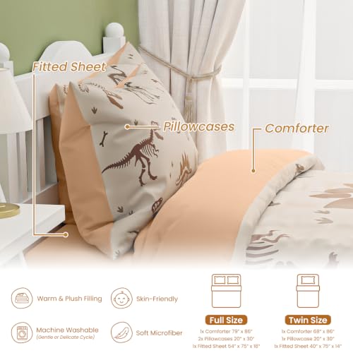 SANDJEST Dinosaur Twin Bedding Set with Comforter, Fitted Sheet & Pillowcases - Kids Bedroom Decor