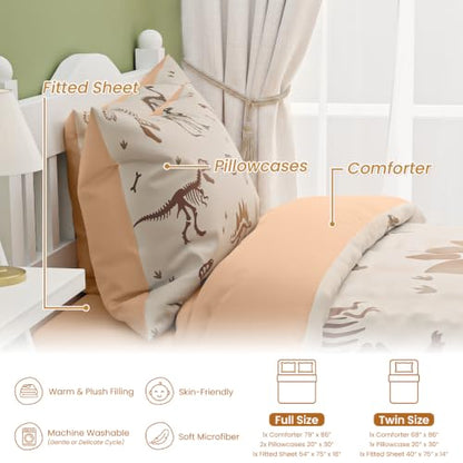SANDJEST Dinosaur Twin Bedding Set with Comforter, Fitted Sheet & Pillowcases - Kids Bedroom Decor