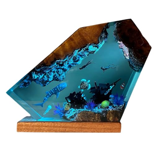 Resin Ocean Night Light - 6x4in Epoxy Bedside Lamp with Underwater Scene - Diver & Marine Decor