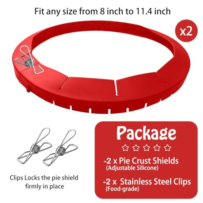 Adjustable Silicone Pie Crust Shield - 2 Pack, Fits 8-11.4 Inch Pies, Red & Clip