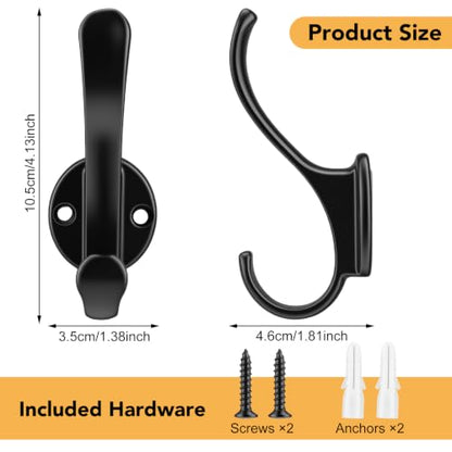 Wall Mount Coat Hooks 6 Pack Heavy Duty Black Metal Hangers with Screws