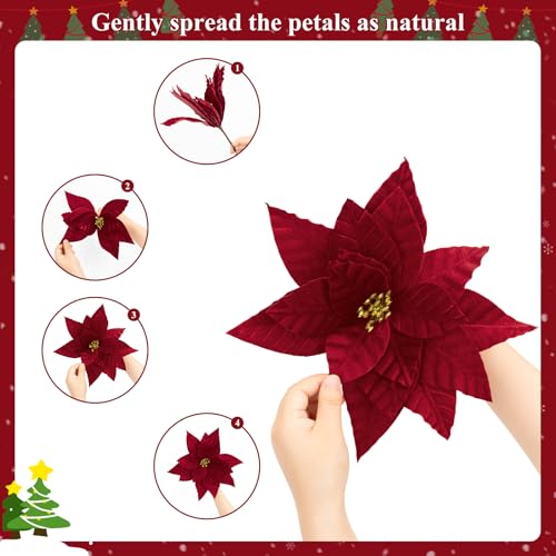 Artificial Velvet Poinsettia Flowers Clip On Christmas Decorations - Red, 9.8 Inch, 10 pcs