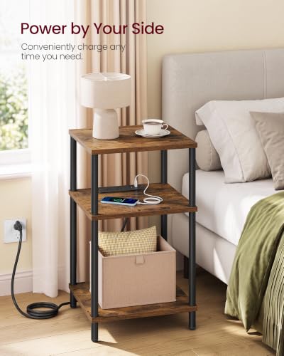VASAGLE Rustic Brown & Ink Black 3-Tier Side Table with Charging Station