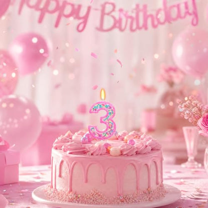 Rainbow Sprinkles Number 3 Candle for 3rd Birthday Decorations - Hot Pink