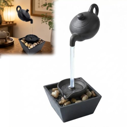 Floating Teapot Water Fountain with LED Lights - Desktop Waterfall Decor