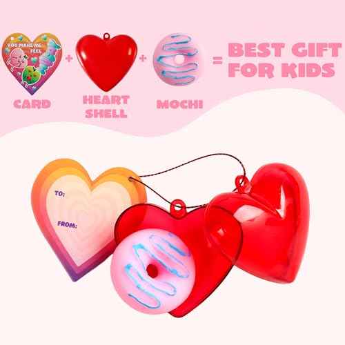 JOYIN 28 Pack Mochi Squishy Toy Filled Hearts and Cards for Kids Valentine Classroom Exchange Party Favors, Kawaii Stress Relief Toys for Valentine Gift Exchange, Game Prizes and Carnivals Gift