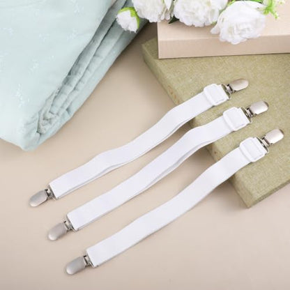 Adjustable Bed Sheet Straps Clips - Elastic Mattress Fasteners, White