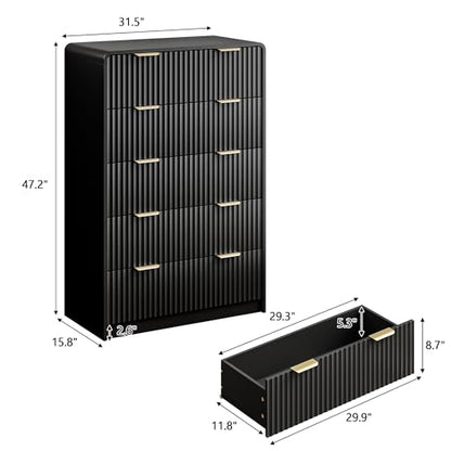 Tall 47" Black 5-Drawer Dresser with Gold Handles | Modern Fluted Panel Bedroom Storage