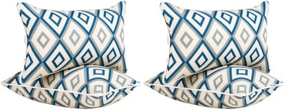 Outdoor Lumbar Pillows Set of 2 with Inserts - Rhombus White & Blue, 12x20 Inches