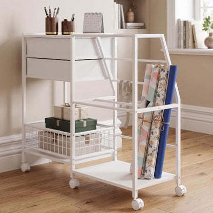 Garvee White 3-Tier Gift Wrap Storage Cart with 2 Drawers - Mobile Organizer