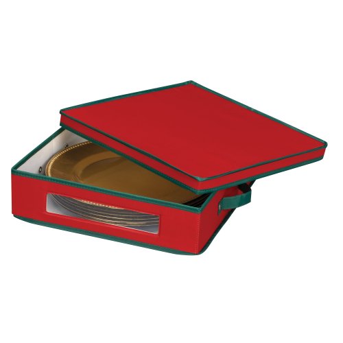 Holiday Charger Plate Storage Box - Red & Green Trim, Holds 12 Plates