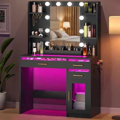 35.4 Inch Makeup Vanity Desk with Mirror, Lights & Glass Top – Black