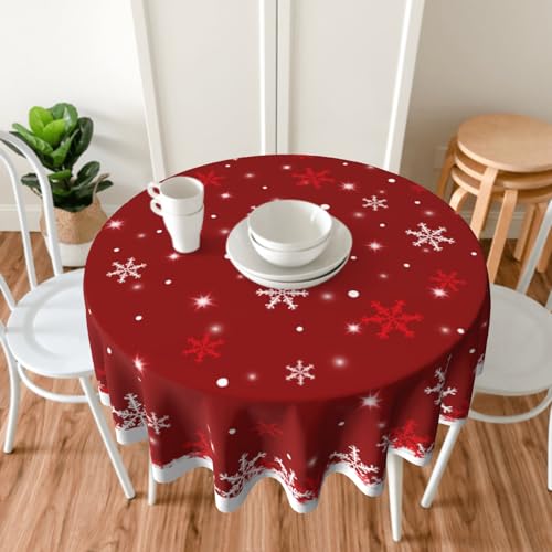 White Red Snowflake Christmas Round Tablecloth 60 Inch Water Resistant Fabric