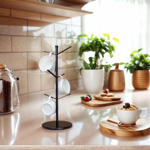 Premium Mug Tree with 6 Hooks - Stable Metal Cup Rack with Bamboo Base, Black