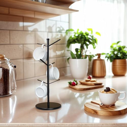 Premium Mug Tree with 6 Hooks - Stable Metal Cup Rack with Bamboo Base, Black