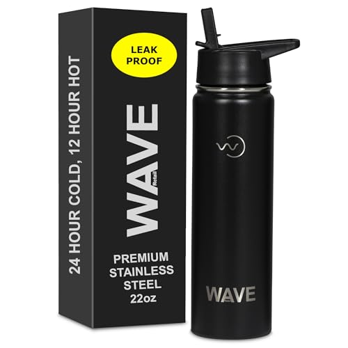 Leak Proof Water Bottle with Straw 22oz | Insulated Double Walled Stainless Steel Metal Thermos Bottles for Men, Women & Kids | Reusable Sports BPA Free Flask for Gym Sports | Wave Retail | Black