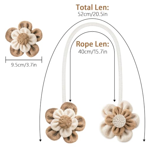 2 Pack Flower Curtain Tiebacks - Linen Cotton Decorative Holdbacks White & Khaki