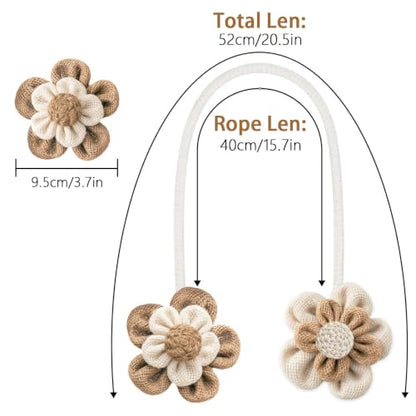 2 Pack Flower Curtain Tiebacks - Linen Cotton Decorative Holdbacks White & Khaki