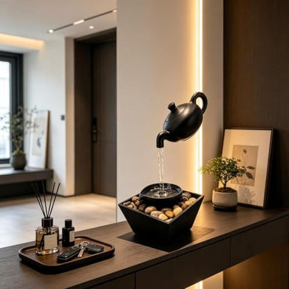 Floating Teapot Water Fountain with LED Lights - Desktop Waterfall Decor