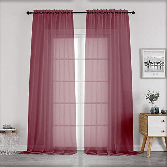 OWENIE Extra Long Sheer Curtains 120 Inches Long, Burgundy Sheer Curtain, Voile Rod Pocket Panels for Bedroom and Living Room (42 x 120 inches Long, Set of 2, Burgundy)
