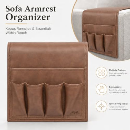 Brown Leather Sofa Armrest Organizer for Couch & Recliner – Waterproof Multi-Pocket Couch Caddy with Magazine & Small Item Storage - Variations of This Listing