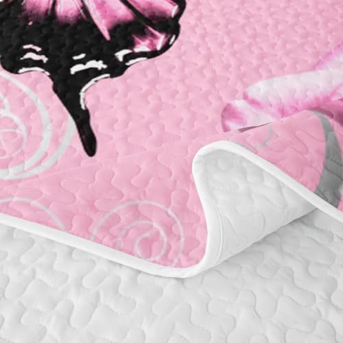 Pink Butterfly Quilt Set Queen Size 3D Bedspread with Pillowcases Kids Girls