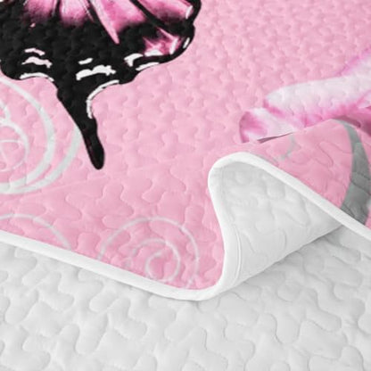 Pink Butterfly Quilt Set Queen Size 3D Bedspread with Pillowcases Kids Girls