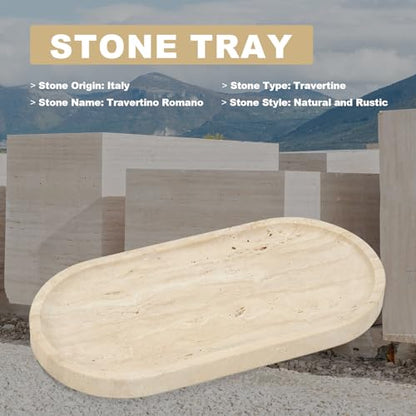 Travertine Tray Set - Light Beige 12x6 Inches Natural Marble Vanity Catchall