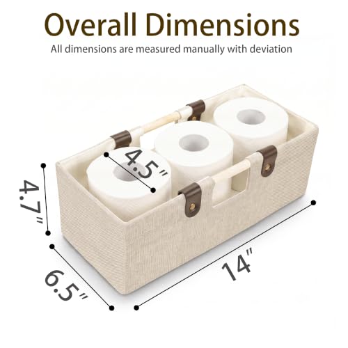 Foldable Fabric Toilet Paper Storage Basket with Wooden Handles - Beige