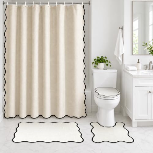 Beige and Black Bathroom Decor Set with Scalloped Edges - Minimalist 4-Piece