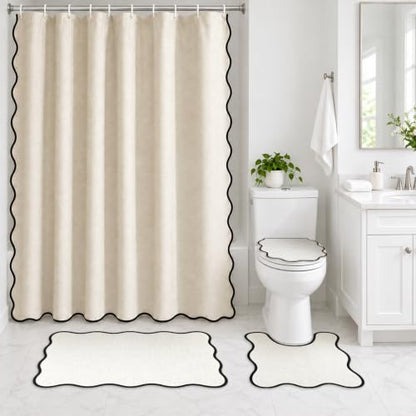 Beige and Black Bathroom Decor Set with Scalloped Edges - Minimalist 4-Piece