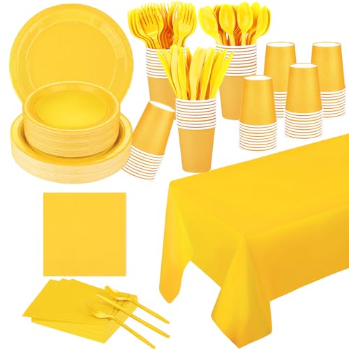 Yellow Disposable Party Plates Cups Set | 229PCS Celebration Dinnerware