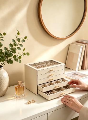 Lolalet Earring Organizer Jewelry Box with Clear Lid - Beige, 5 Layers