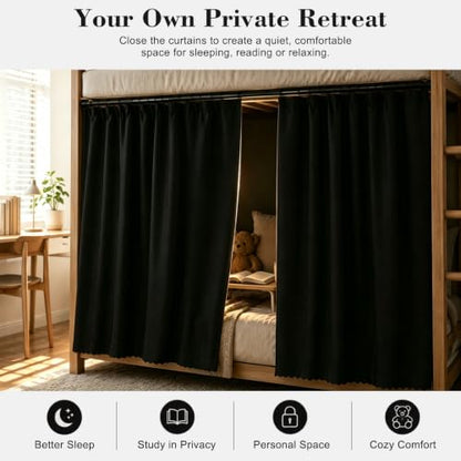 Black Bunk Bed Curtains Blackout Privacy Canopy Drapes - Black, 2 Panels