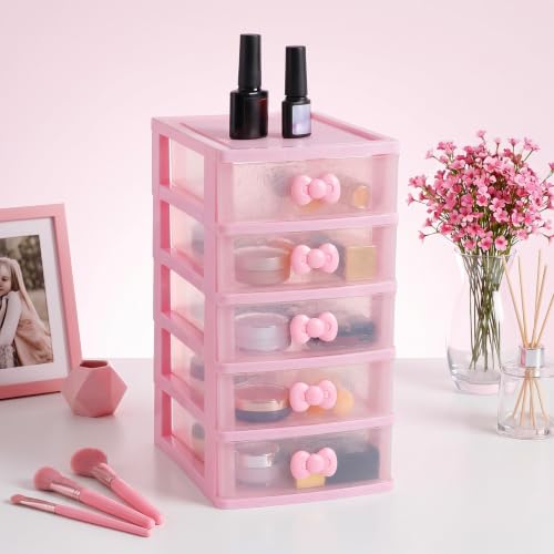 Pink 5-Tier Makeup Organizer with Bow Handle - Desktop Storage Box