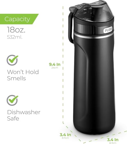 Insulated Stainless Steel Water Bottle with Straw Lid - 18 oz, Leakproof, BPA-Free, Slim Design for Gym, School, Office - Black