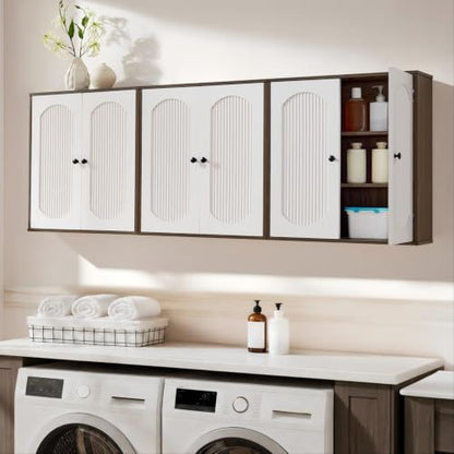Bathroom Fluted Wall Cabinet with 2 Doors - Walnut/White, Fully Enclosed, 23.4 x 7.8 x 24.6 inches