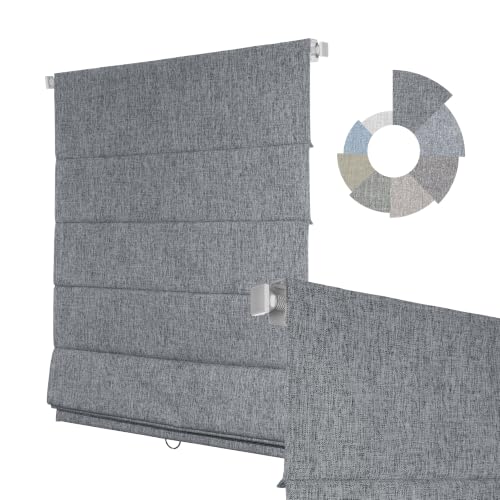 No Drill Blackout Linen Roman Shade - Dark Grey, 35x36 Inches