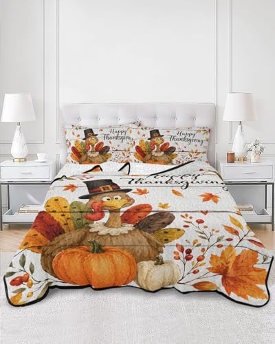 Turkey Thanksgiving Quilts King Size Fall Wooden Pumpkin Berry Soft Comforter Set - Distressed White